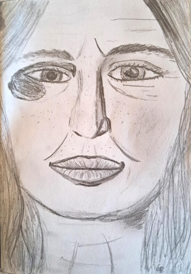 Bleistiftzeichnung-1 Porträt einer Frau mit langen Haaren und einem Schatten auf der linken Gesichtshälfte.