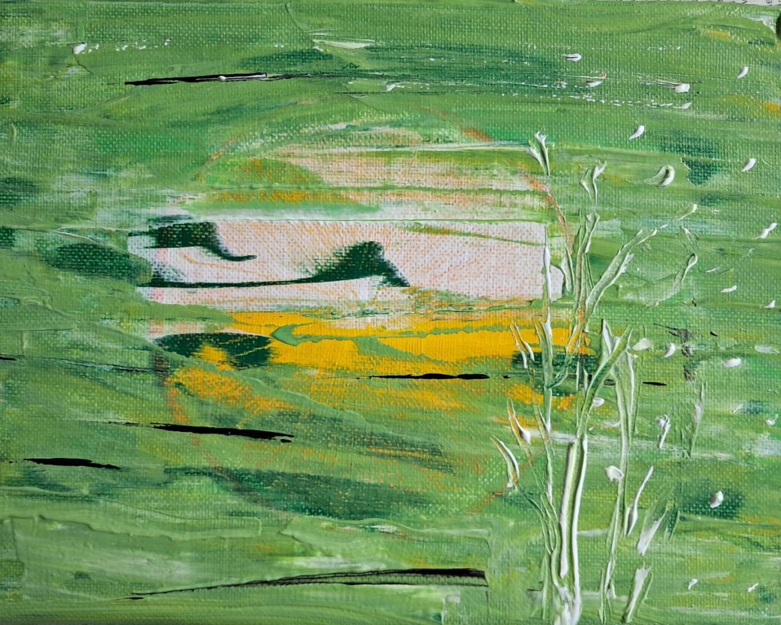 Frühlingserwachen-2 Abstrakte Malerei in Grün mit gelben und weißen Farbtönen, die Wasser reflektiert.