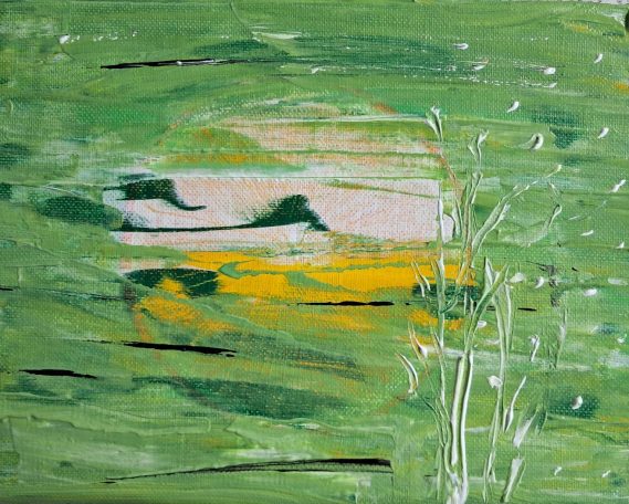 Abstrakte Malerei in Grün mit gelben und weißen Farbtönen, die Wasser reflektiert.