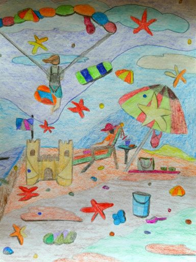 Strandtag Buntes Strandbild mit Sandburg, Sonnenschirm, Flugzeug und Seesternen.