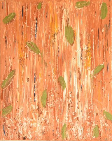 Struktur der Stille Abstrakte Komposition mit orangenem Hintergrund und grünen Blattformen.