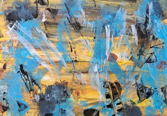 Abstrakte Malerei mit Blau-, Schwarz- und Gelbtönen in dynamischen Pinselstrichen.