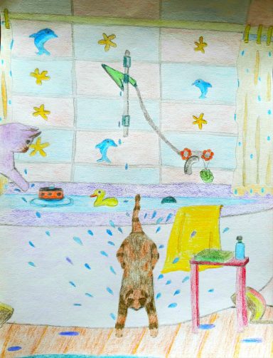 Katzenbad Eine Katze hängt über einer Badewanne mit Spielzeug und Wasser, bunte Wände im Hintergrund.