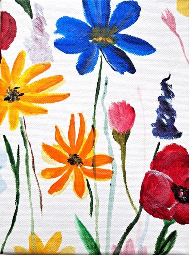 Blumenwiese Bunte Aquarellblumen, darunter Sonnenblumen, Rosen und kleine violette Blumen.