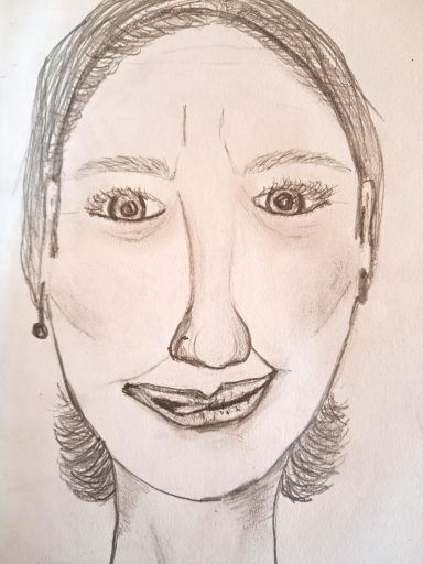 Bleistiftzeichnung-3 Eine skizzierte Person mit lächelndem Gesicht und großen Augen.