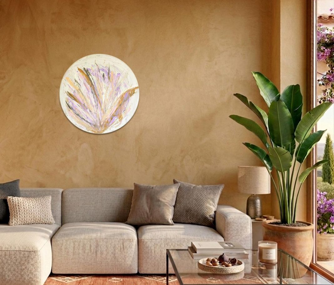 Kristalliner Ursprung-1 Wohnzimmer mit beiger Wand, Sofa, Zimmerpflanze und rundem Wandkunstwerk.