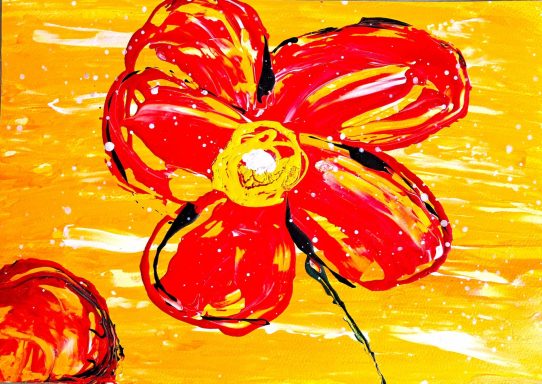 Rote Blüte mit gelbem Zentrum vor einem orange-gelben Hintergrund.