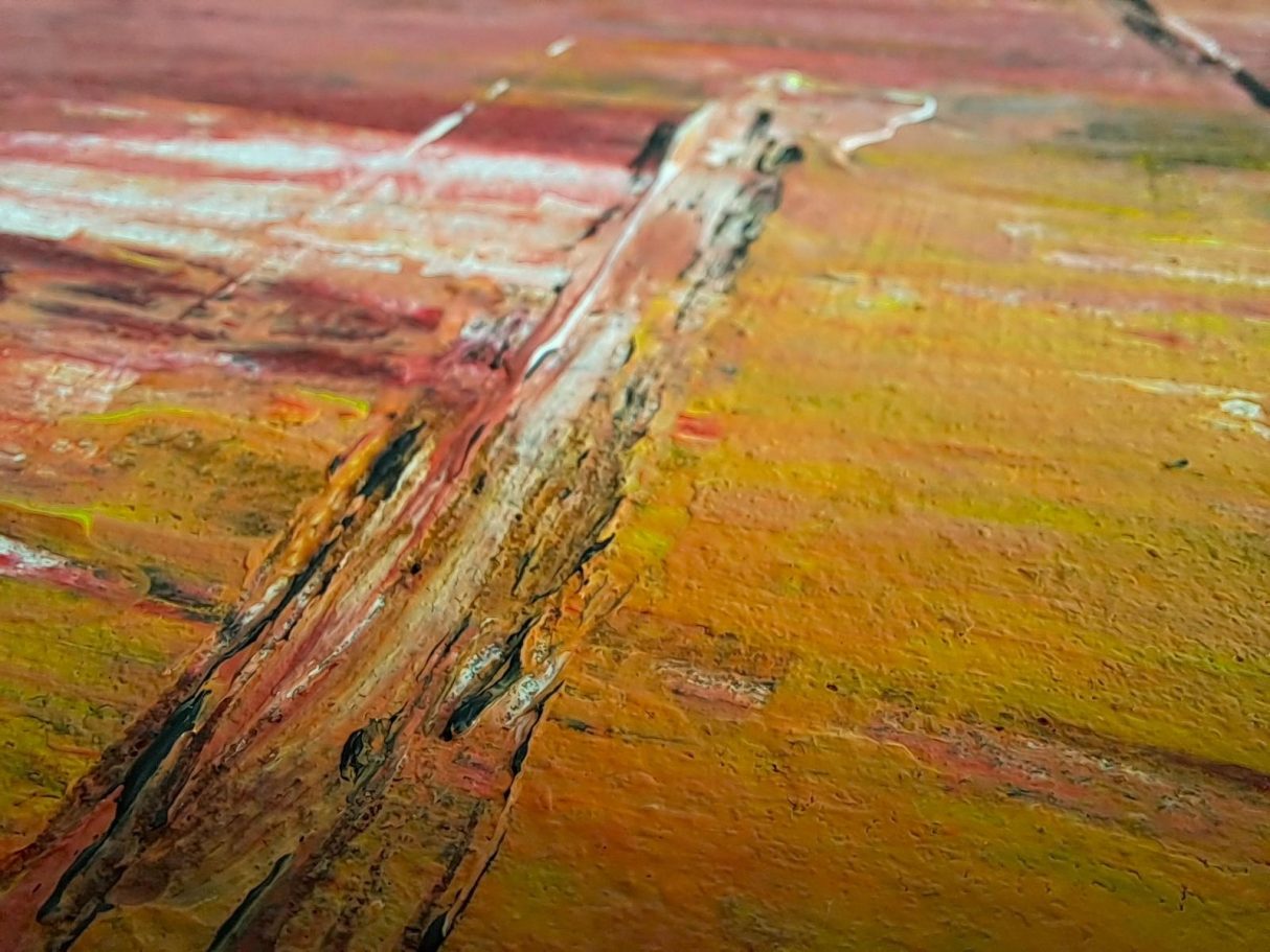 Gluthorizont-3 Abstrakte Malerei in warmen Orange- und Rottönen mit grober Textur.