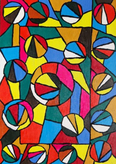 Geometrix Buntes geometrisches Muster mit kreisförmigen und dreieckigen Formen.