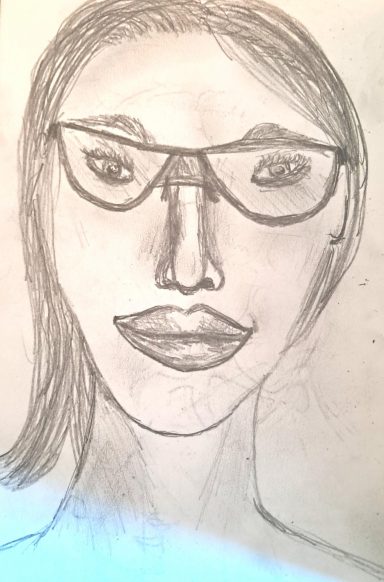 Bleibstiftzeichnung-4 Porträt einer Frau mit Brille, langen Haaren und ausgeprägten Gesichtszügen.