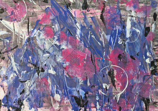 Abstrakte Malerei mit blauen, rosa und weißen Farbtönen in lebhaften, dynamischen Mustern.