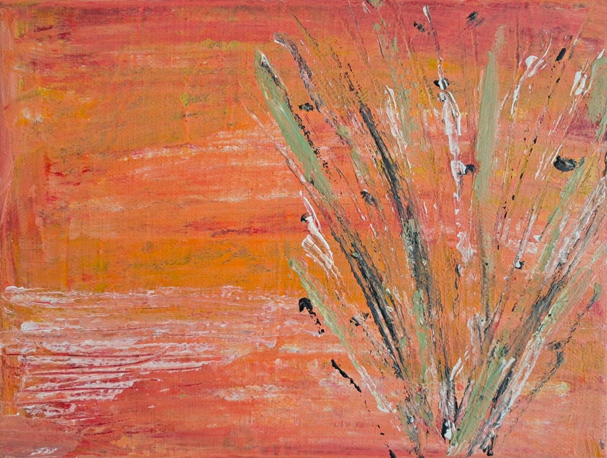Abendflüstern-2 Abstrakte Malerei mit orangefarbenem Hintergrund und gestreiften Pflanzenstrukturen.